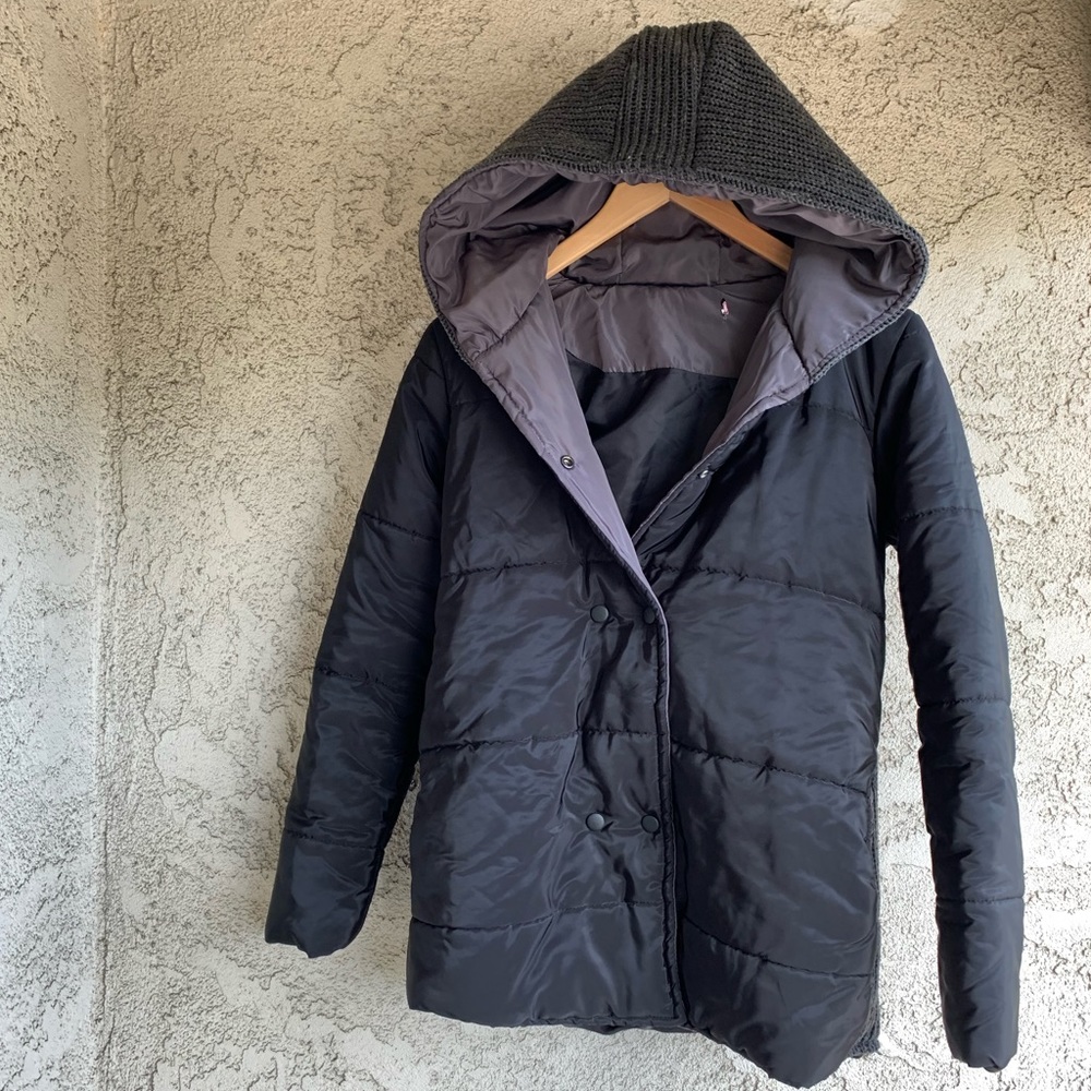 Utility Hooded Puffer Jacket Knitted Back Detail